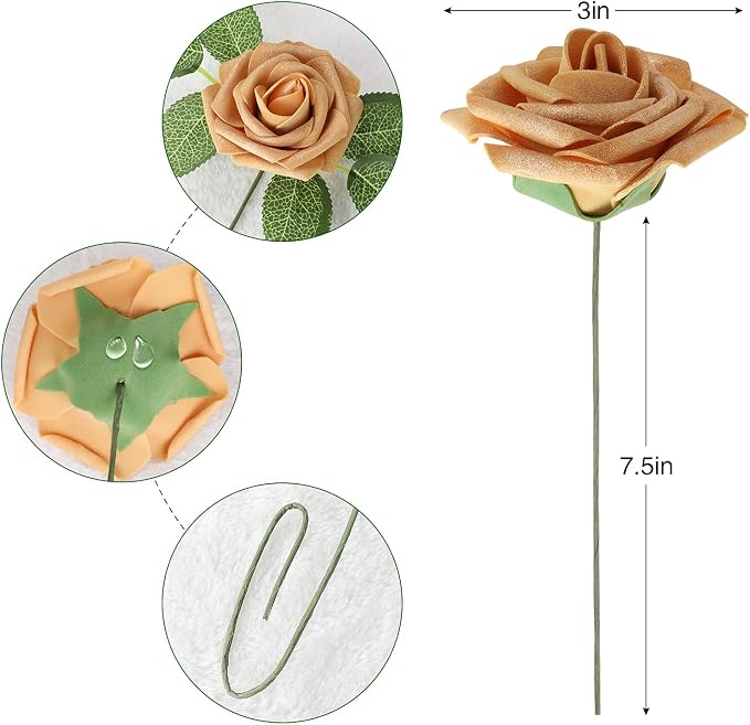 AmyHomie Artificial Flower Gold Rose 25pcs Real Looking Fake Roses w/Stem - Image 2