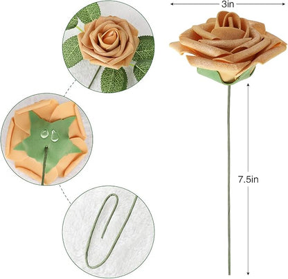 AmyHomie Artificial Flower Gold Rose 25pcs Real Looking Fake Roses w/Stem - Image 2