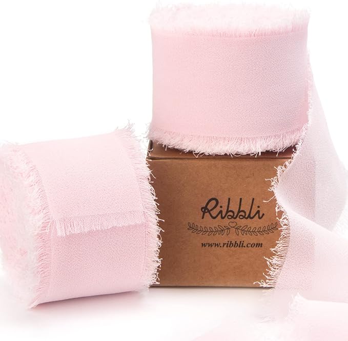 Ribbli Pale Blush Pink Chiffon Ribbon 1-1/2 inch x 20 Yard Handmade Fringe by Ribbli