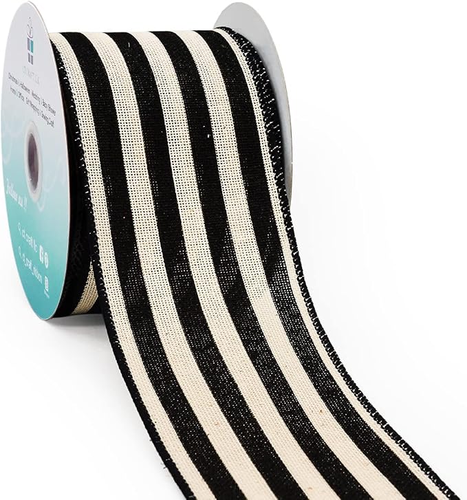 CT CRAFT LLC Striped Canvas Cotton Ribbon 2.5" x 10 Yards Ivory/Black Stripes by CTCRAFTLLC