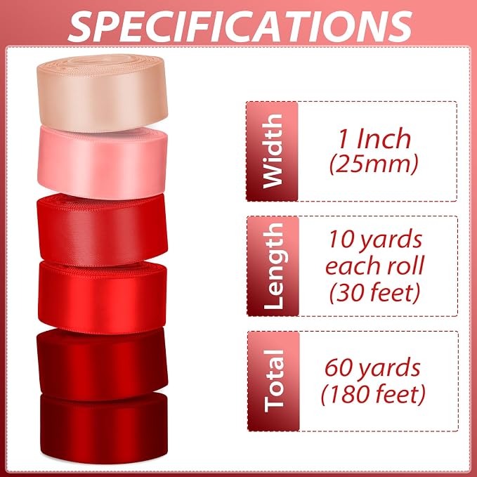 1 Inch Red Satin Ribbons for Crafts, 6 Rolls Single-Faced Red Assorted Ribbons - Image 2