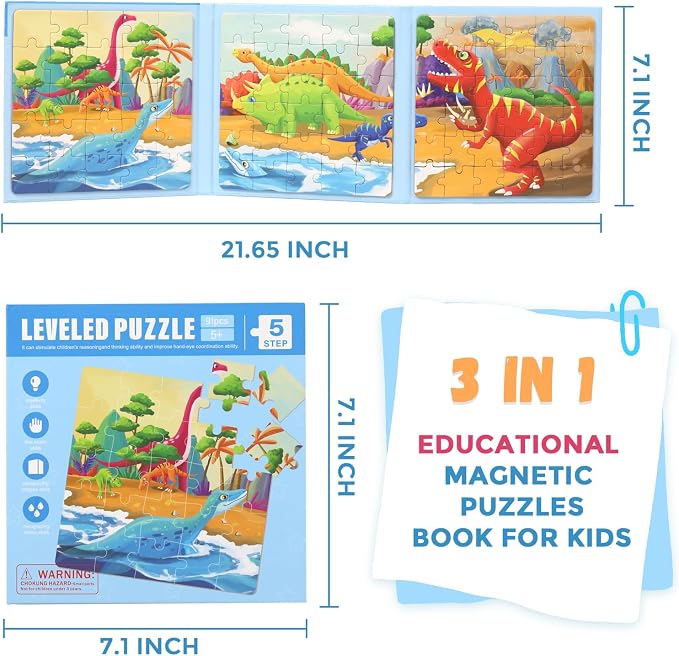 Magnetic Puzzles for Kids Ages 4-8, 3 in 1 Dinosaurs Magnet Jigsaw Puzzle Book - Image 4