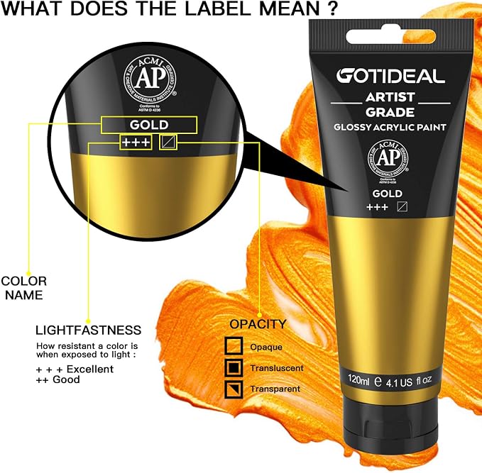 GOTIDEAL Acrylic Paint Metallic Gold 24K Tubes Non Toxic Non Fading, Rich - Image 2