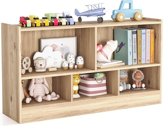 KOTEK Kids Storage Organizer, 5 Cubby Kids Bookshelf, Wooden 2-Layer Bookcase by KOTEK
