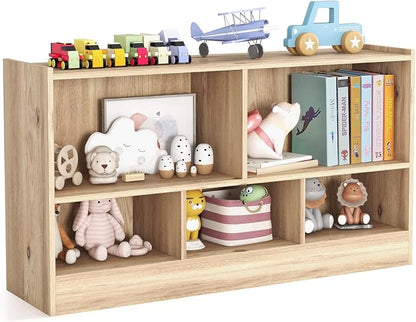 KOTEK Kids Storage Organizer, 5 Cubby Kids Bookshelf, Wooden 2-Layer Bookcase by KOTEK