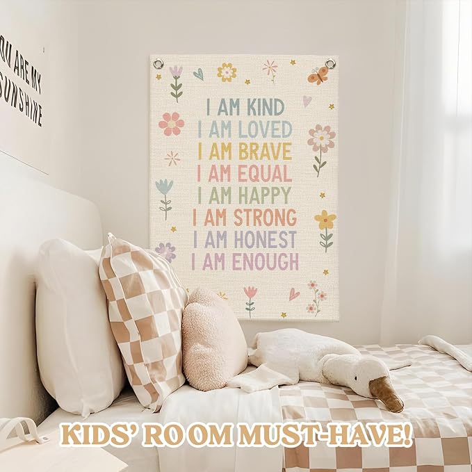 Affirmations Wall Hanging Art for Kids, Flower Wall Art I Am Kind Linen Canvas - Image 5