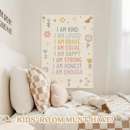 Affirmations Wall Hanging Art for Kids, Flower Wall Art I Am Kind Linen Canvas - Image 5