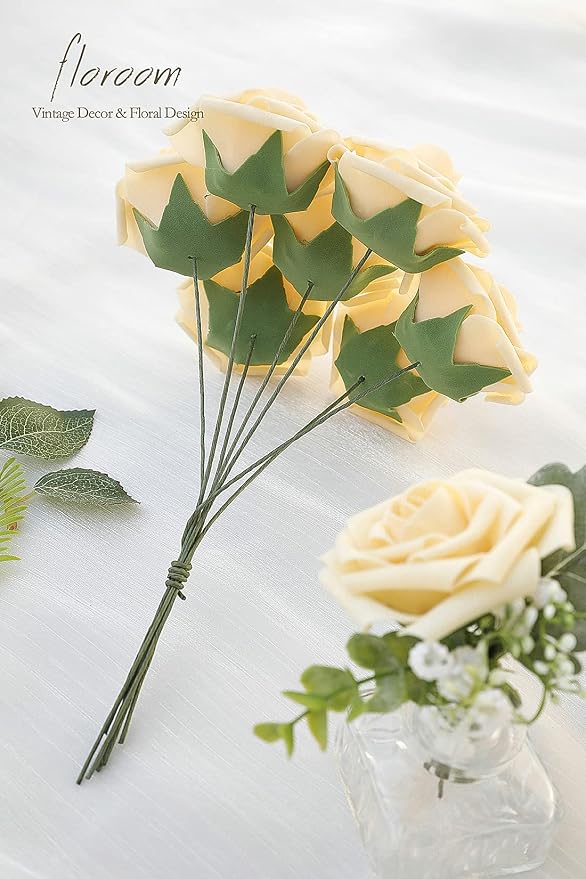 Floroom Artificial Flowers 25pcs Real Looking Creamy Yellow Foam Fake Roses - Image 2