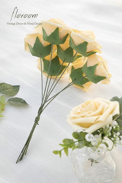 Floroom Artificial Flowers 25pcs Real Looking Creamy Yellow Foam Fake Roses - Image 2