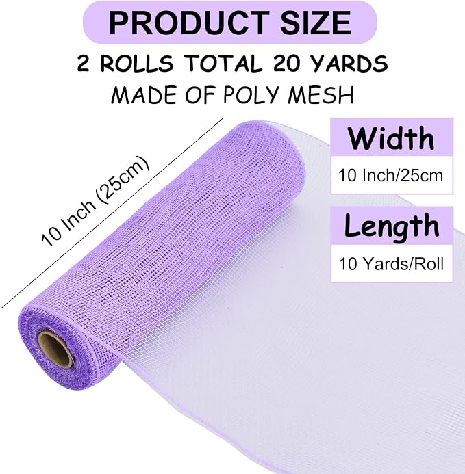 TONIFUL 2 Rolls 10 Inch Lavender Purple Decorative Mesh Ribbbon Rolls, Fabric - Image 2