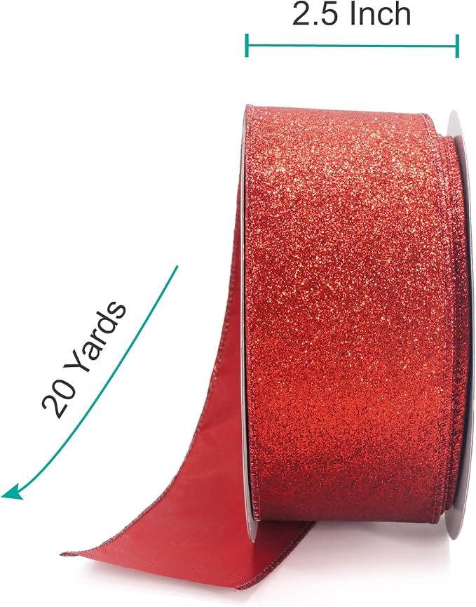 CT CRAFT LLC Glitter Wired Ribbon 2.5" x 20 Yards Red - Image 2