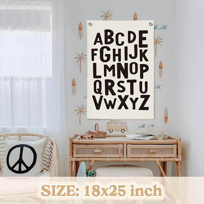 Toddler Room Decor, Alphabet Numbers Linen Canvas Banner, Classroom ABC Banner - Image 2