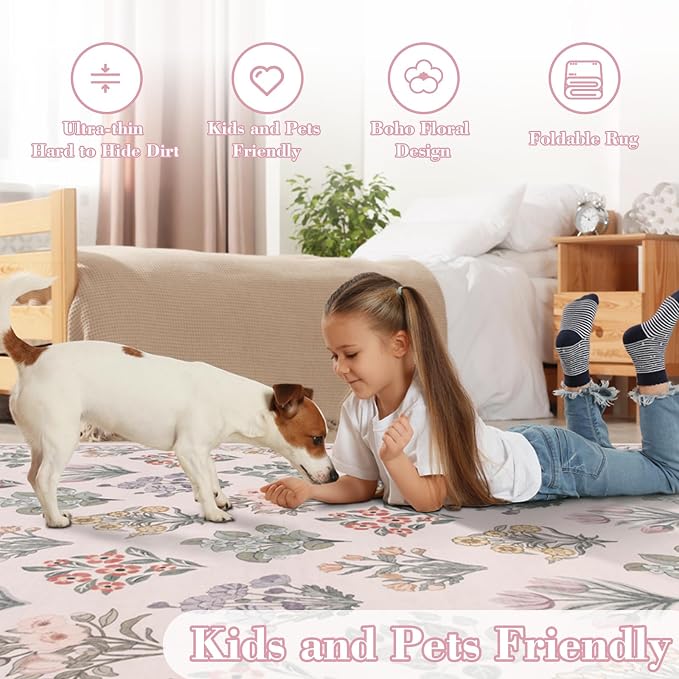 Wonnitar Pink Rugs for Bedroom Girls Nursery, Washable 5x7 Floral Rug, Boho - Image 5