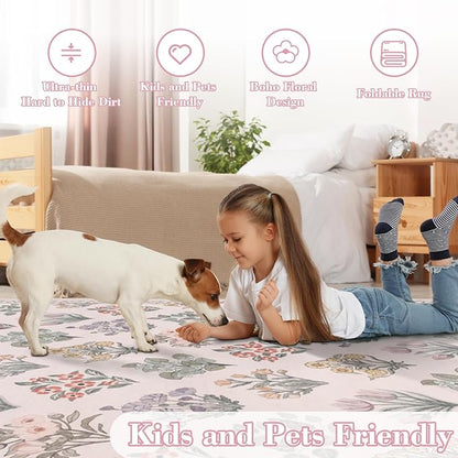 Wonnitar Pink Rugs for Bedroom Girls Nursery, Washable 5x7 Floral Rug, Boho - Image 5