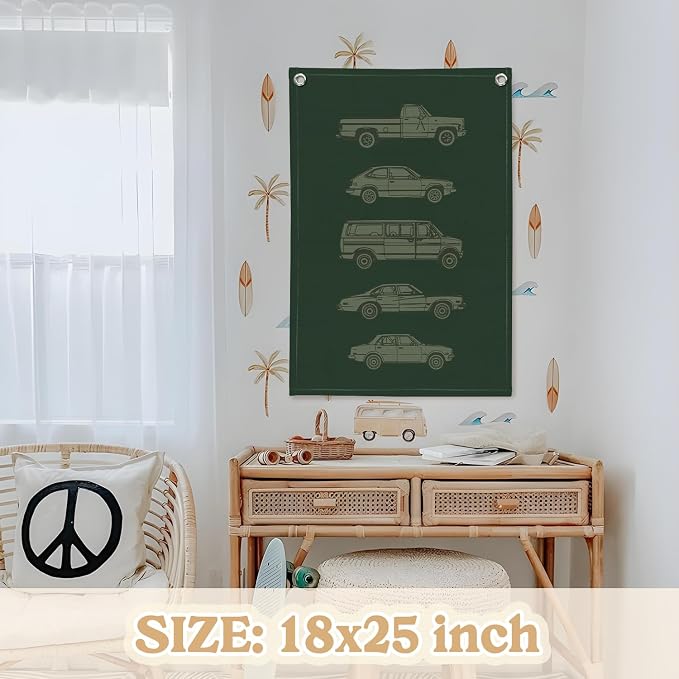 Toddler Boy Room Decor, Car Room Decor Linen Canvas Banner, Retro Car Wall - Image 2