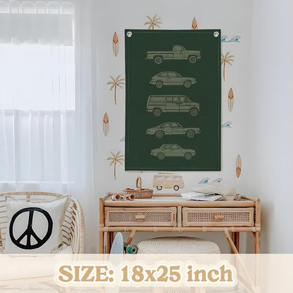 Toddler Boy Room Decor, Car Room Decor Linen Canvas Banner, Retro Car Wall - Image 2