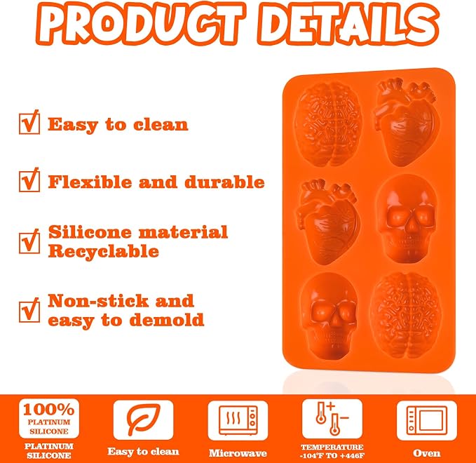 Sakolla Skull Brain and Heart Silicone Mold, 2 Pack Halloween Baking Molds - Image 2
