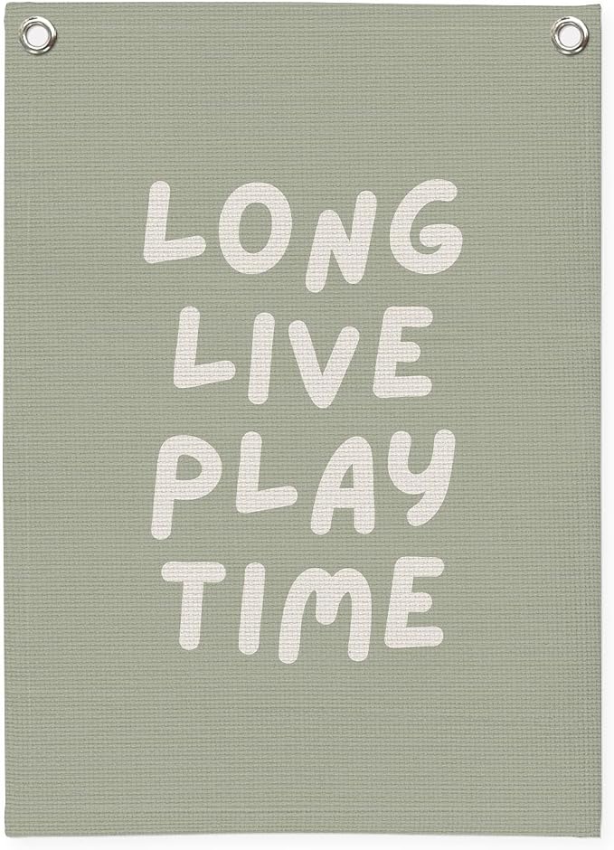 Playroom Decor, Long Live Playtime Wall Hanging Linen Banner, Sage Green by Unknown