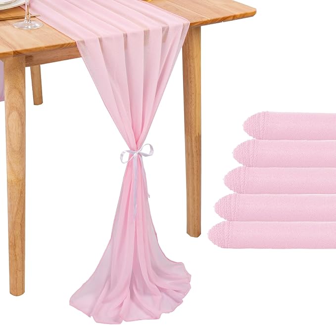 5 Packs 10ft Blushing Pink Chiffon Table Runner 30 x 120 Inches Romantic Sheer by RUIYOK
