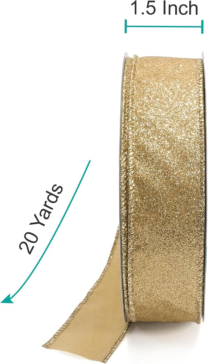 CT CRAFT LLC Glitter Wired Ribbon 1.5" x 20 Yards Light Gold - Image 2