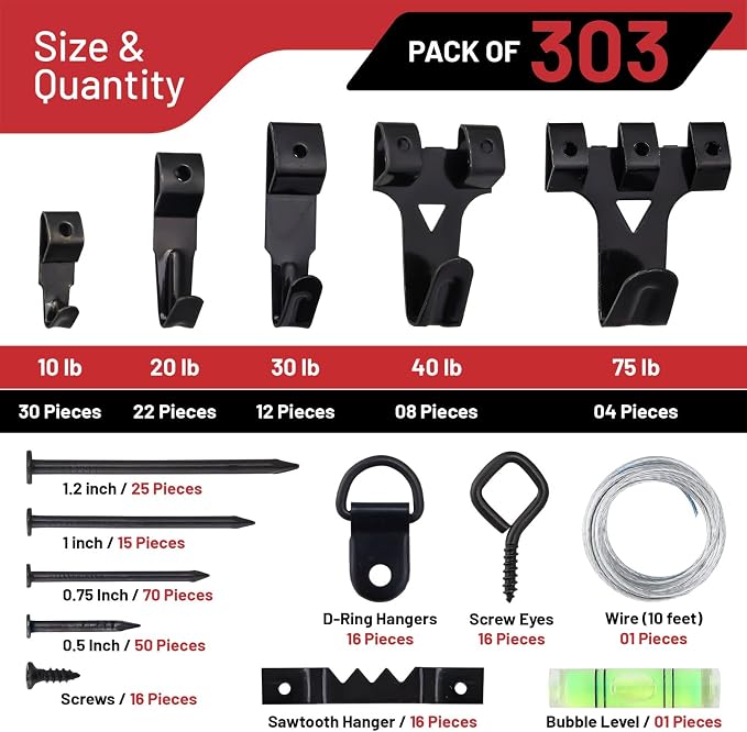 303-Piece Picture Hanging Assortment, Heavy Duty Hooks, and Metal Wall Hooks - Image 2