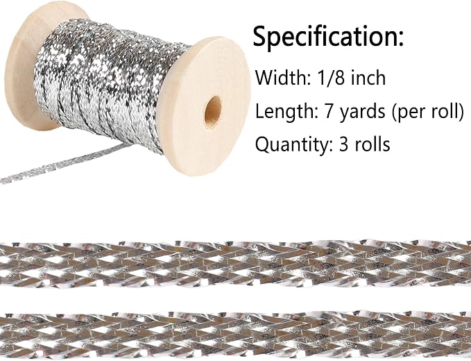 Silver Thin Ribbon 1/8 inchMetallic Braided Double Faced Ribbons Curling Ribbons - Image 2