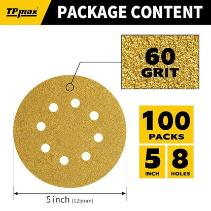 100PCS 5 Inch 60 Grit 125mm 8 Hole Sanding Discs Sandpaper - Image 2