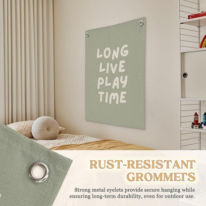 Playroom Decor, Long Live Playtime Wall Hanging Linen Banner, Sage Green - Image 6