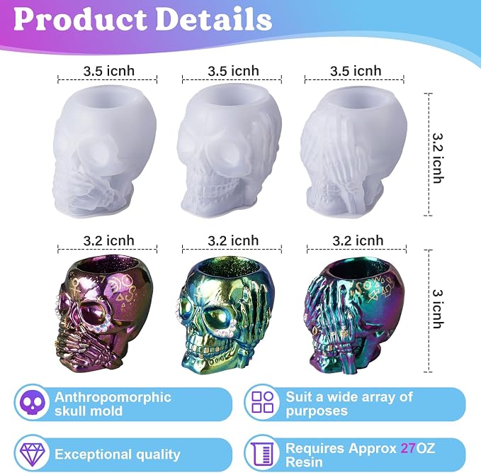 LET'S RESIN Skull Resin Molds, See-no 3 Pcs Skull Silicone Molds - Image 3
