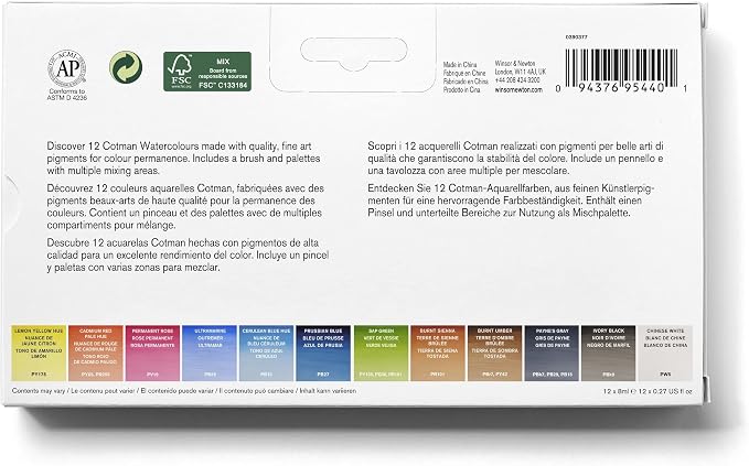 Winsor & Newton Cotman Watercolor Paint Set, 12 Colors, 8ml Tubes w/ Brush - Image 3