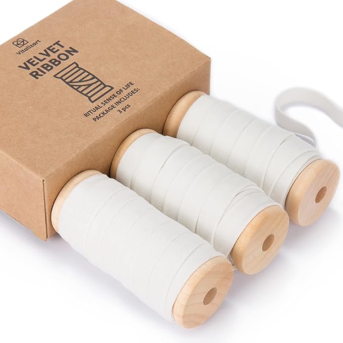 Vitalizart White Velvet Ribbon Set 3/8"" x 15 Yd Wooden Spool Fabric Trim 3 by Vitalizart