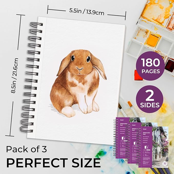 Funto Watercolor Pad 5.5x8.5, 3 Pack, 90 Sheets, 140lb/300gsm, Double-Sided - Image 2