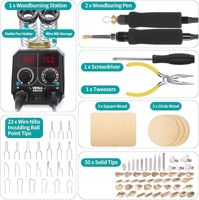 YIHUA 939D-VII Pyrography Tool Wood Burning Pen Kit Station 2-in-1 Solid-Point - Image 7