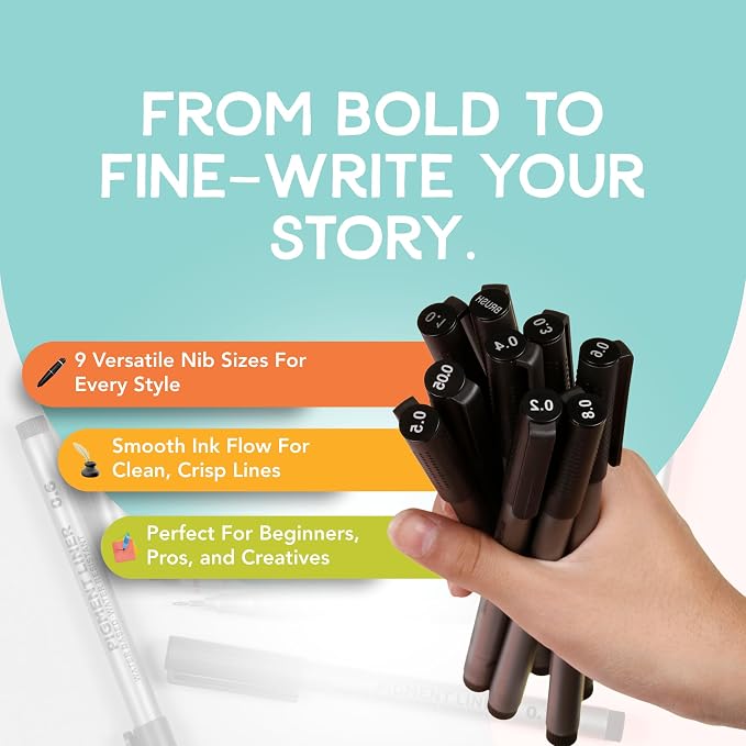 Incraftables Calligraphy Brush Pens – Pack of 9 Assorted Tips – Black Chisel - Image 5