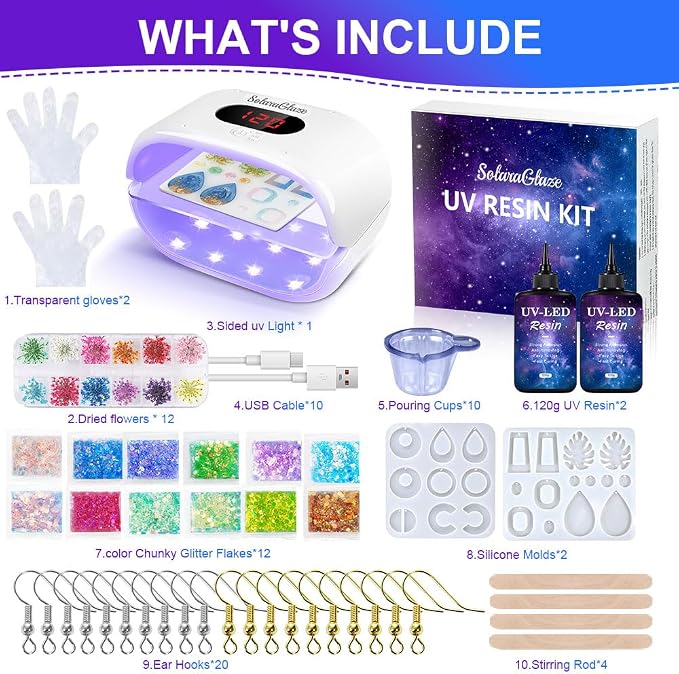 SolaraGlaze UV Resin Kit with Light 240g Hard Type Clear UV Resin Jewelry - Image 6