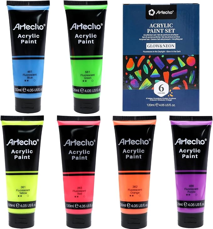 Artecho Glow in the Dark Paint 6 Colors, 120 ml / 4 oz Acrylic Paint - Image 2