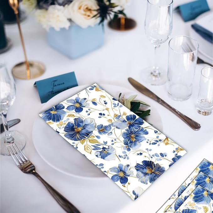 60 Pack 3 Styles Blue Floral Napkins - Image 5
