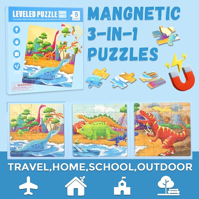 Magnetic Puzzles for Kids Ages 4-8, 3 in 1 Dinosaurs Magnet Jigsaw Puzzle Book - Image 3