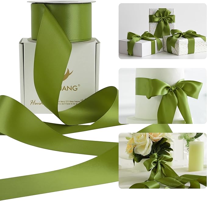 HUIHUANG Olive Green Ribbon 2 inch Wide Double Faced Satin Ribbon Green Ribbon by HUIHUANG