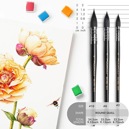 3PCS Squirrel Hair Watercolor Brushes, Fuumuui Professional Mop Round Quill - Image 5