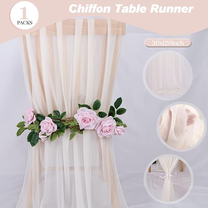 Beige Chiffon Table Runner 10ft Long Romantic Wedding Table Runners 30 x 120 - Image 3