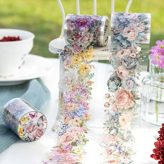 Flower PET Tape Stickers for Journaling, 6 Rolls Transparent Floral Washi Tape - Image 3