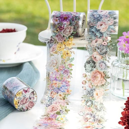 Flower PET Tape Stickers for Journaling, 6 Rolls Transparent Floral Washi Tape - Image 3