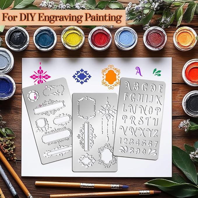 9PCS Metal Stencils Wood Burning Stencil Journal Border Stencils Letter Stencil - Image 6