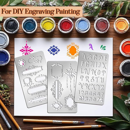 9PCS Metal Stencils Wood Burning Stencil Journal Border Stencils Letter Stencil - Image 6
