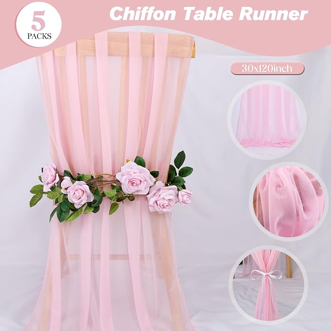 5 Packs 10ft Blushing Pink Chiffon Table Runner 30 x 120 Inches Romantic Sheer - Image 4