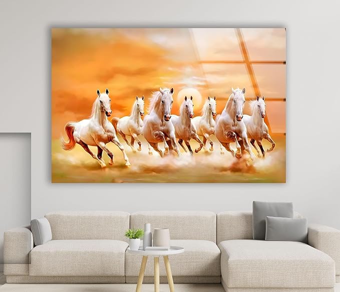 My Photostation.com 28Wx18H'' White Horses Running on Sunset Glass Wall - Image 2