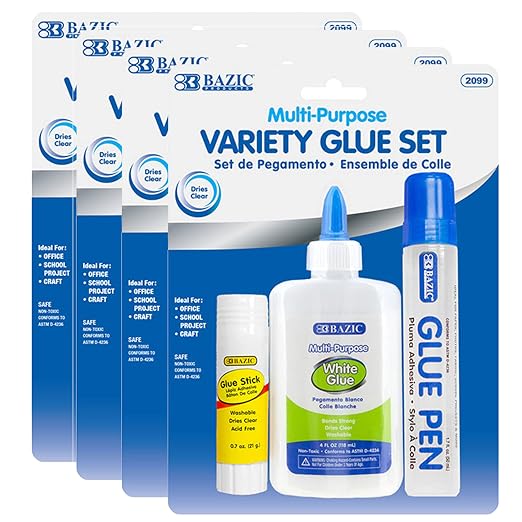 BAZIC White Glue 4oz., Glue Stick 0.7oz., Washable Liquid Glue Pen, by BAZICProducts