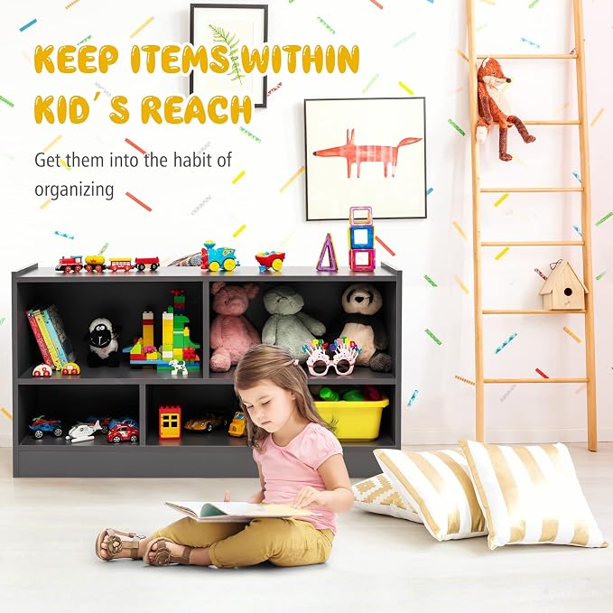 KOTEK Toy Storage Organizer, 5 Cubby Kids Bookshelf, Wooden 3-Tier Bookcase - Image 4