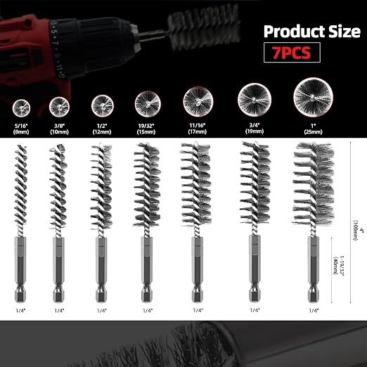 ASNOMY 7Pcs Wire Bore Brush for Drill, 5/16"-1” Stainless Steel Copper Pipe - Image 5